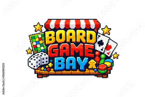 Pixel art board game logo with dice, cards, and stars