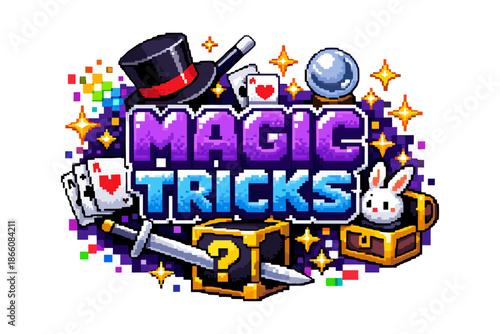 Colorful magic tricks pixel art with cards, top hat, crystal ball, and wand
