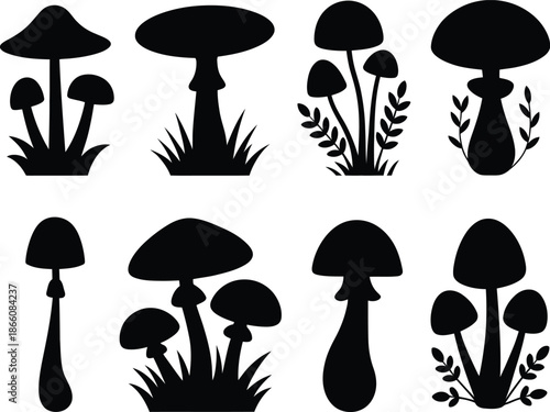 Black and white mushroom silhouette illustration vector set white background