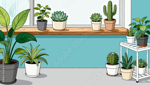 Indoor plants on window sill and floor
