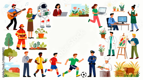 Diverse occupations and activities in illustration