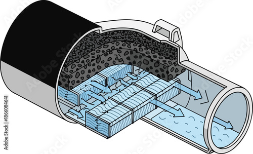 Detailed crosssection of a water filtration system within a pipe showing water flow and filter components.