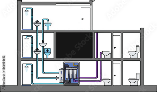 Detailed Diagram of a Residential Plumbing and Wastewater System.