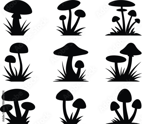 Black and white mushroom silhouette illustration vector set white background