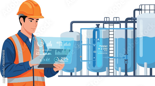 Engineer in industrial setting operating water purification system equipment