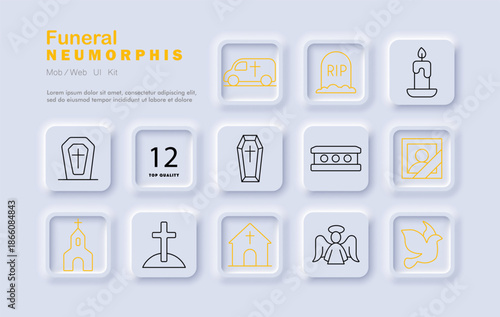 Funeral set icon. Hearse, tombstone, RIP marker, coffin, casket, memorial image, candle, church, cross, chapel, angel, dove rendered in neumorphic solemn line theme for mourning visuals.