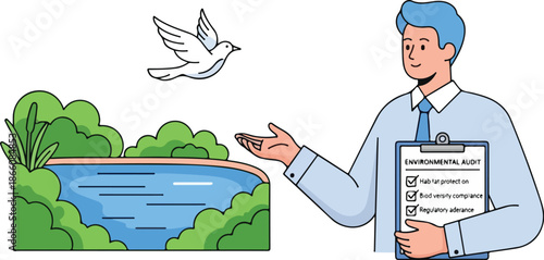 A man presents a detailed diagram of a water treatment and purification system near a serene lake with lush greenery and a flying dove.
