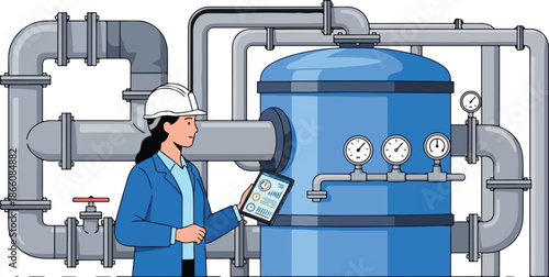 A worker in a hard hat examines a tablet near industrial pipes and a large blue water filtration tank.