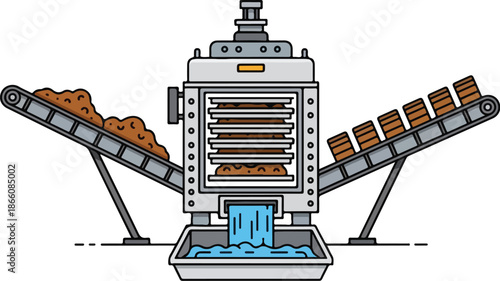 Industrial factory machine processing raw materials into finished goods.