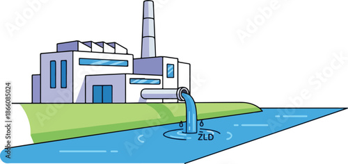 Industrial factory polluting river with wastewater environmental damage concept.