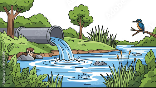 Industrial pipe discharging wastewater into a river polluting the natural environment and harming aquatic life.
