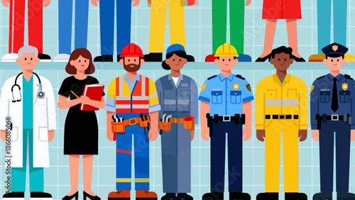 diverse workers in colorful uniforms