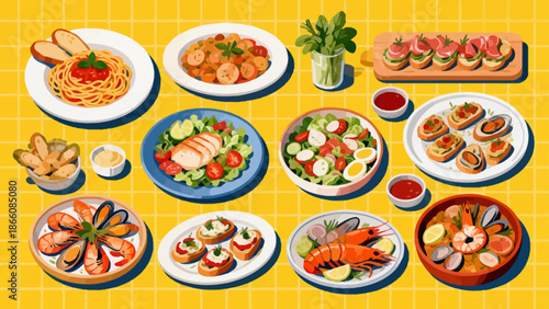 Illustration of various dishes on table