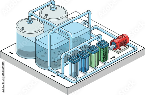 Isometric illustration of a water purification system with tanks filters and pump.