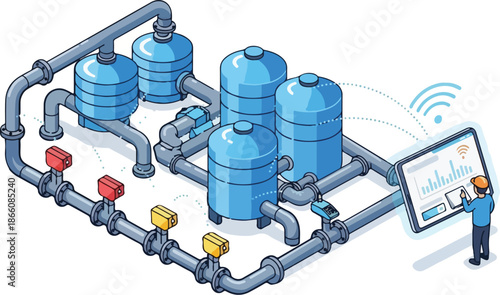 Isometric Illustration of Water Treatment Plant with Digital Monitoring.