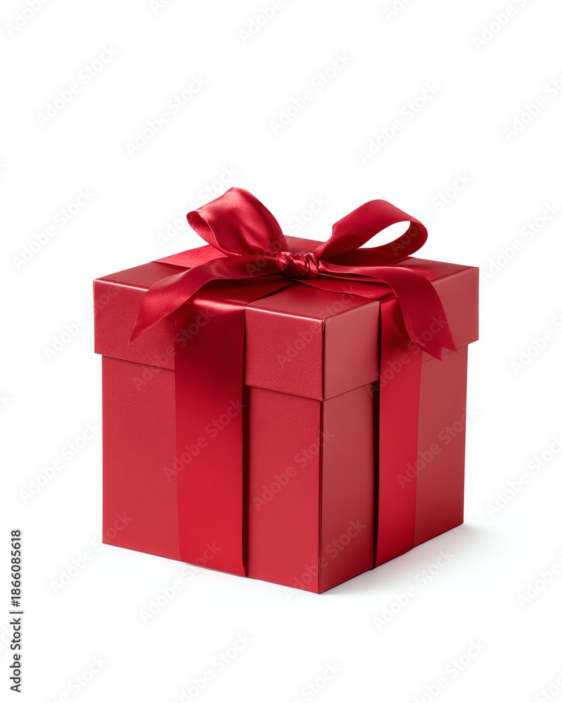 Obraz premium A Crimson Delight: A captivating presentation of a vibrant red gift box, adorned with a lustrous ribbon and bow, symbolizes heartfelt giving and the joy of receiving.