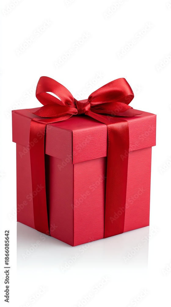 Fototapeta premium A Present Wrapped in Red: A beautifully wrapped gift, featuring a vibrant red box adorned with a matching satin ribbon, exudes an air of anticipation and generosity.