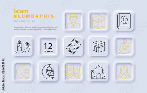Islam set icon. Man face, golden dome, crescent book, prayer candle, rug mat, Kaaba cube, kneeling person, moon symbol, Quran, mosque, headscarf drawn with neumorphic outline highlights.