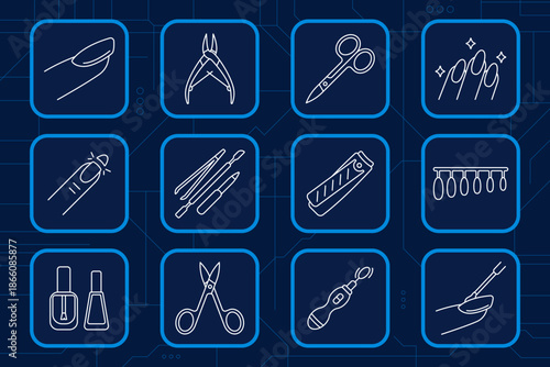 Manicure set icon. Nail polish, scissors, clipper, file, tweezers, drill, cuticle pusher, manicure brush, nail design, beauty, self care, salon tools.