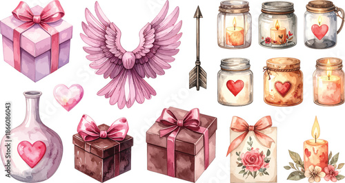 Charming watercolor collection of ornate romantic icons, featuring tender hearts, festive gift boxes, graceful wings, and glowing candles, ideal for expressing love in heartfelt designs