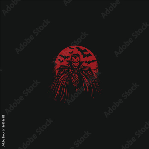 Vintage engraving portrait of a brooding vampire count with a large cape against a full moon and bats.