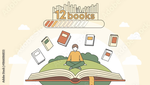 A person meditating on a giant book with floating books around