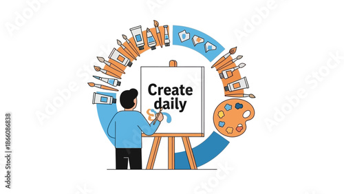 Creative artist at work on inspiring canvas with colorful brushes