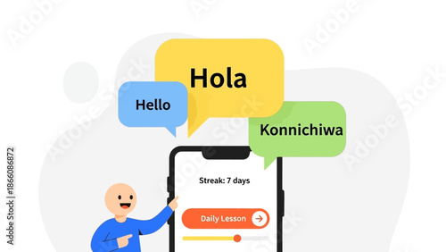 Language Learning App Interface with Speech Bubbles and Character Vector Illustration