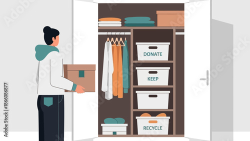 Person organizing closet with storage boxes and clothes
