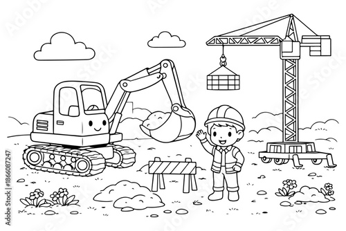 Construction Site Scene with Excavator, Crane, and Friendly Worker Waving Hello