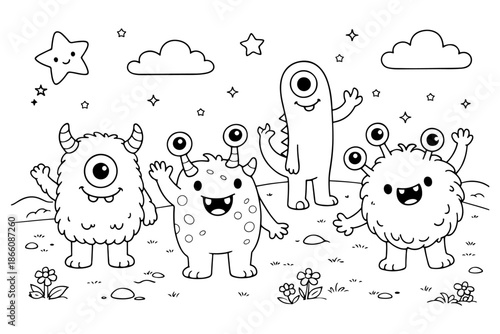 Cute Monster Coloring Page with Stars and Clouds for Kids