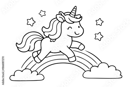 Cute Unicorn Jumping Over Rainbow with Stars and Clouds Line Art Illustration