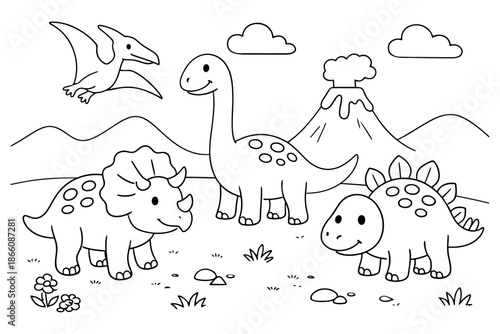 Cute Cartoon Dinosaurs Coloring Page with Volcano and Pterodactyl in Prehistoric Landscape