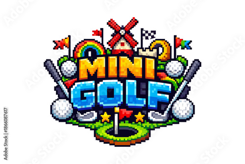 Retro style mini golf poster with colorful pixel art design