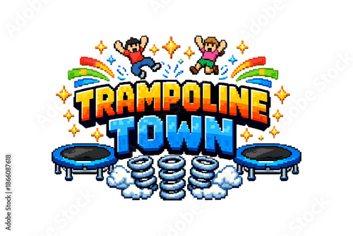 Retro pixel art trampoline game logo with jumping characters and colorful rainbow