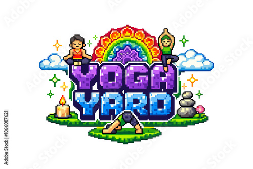 Colorful pixel art yoga scene with rainbow and meditation elements