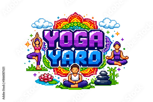 Pixel art yoga yard with colorful mandala and characters in meditation poses