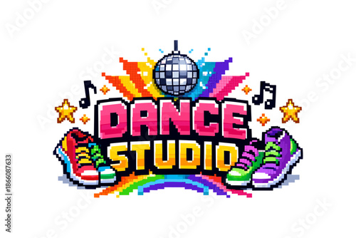 Retro pixel art dance studio logo with colorful sneakers and disco ball