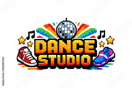 Retro pixel art dance studio with disco ball and sneakers