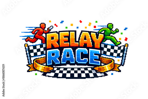 Pixel art relay race design featuring runners and checkered flags
