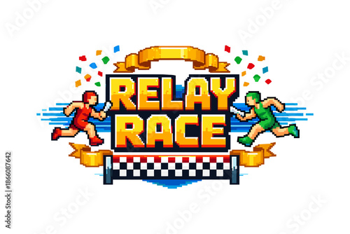 Retro pixel art relay race design with colorful confetti and runners