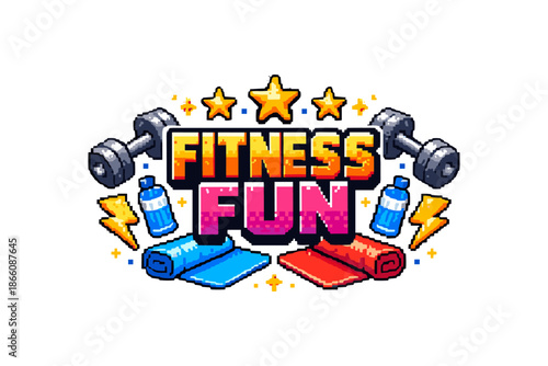 Pixel art fitness graphic with dumbbells, stars, and water bottles