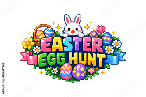 Pixel art easter egg hunt with bunny and colorful spring decor