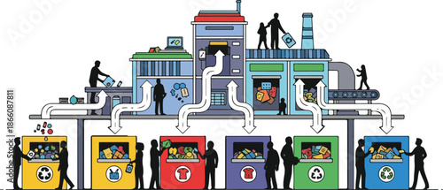 Recycling process with people sorting waste into different bins and factories processing materials.