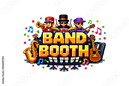 Retro band booth with pixel art musicians and instruments