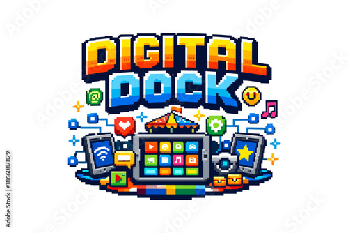 Colorful retro pixel art mobile game hub with digital icons and gadgets