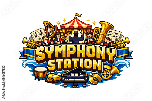 Orchestra performance at circus tent with diverse instruments and conductor