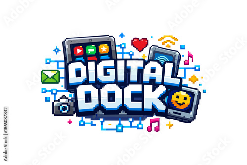 Pixel art digital technology icons with retro gaming style