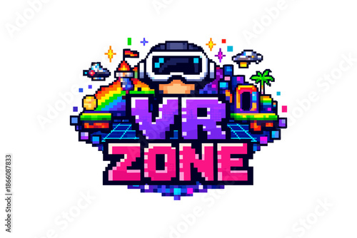 Retro pixel art vr zone with futuristic elements and gaming icons
