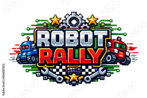 Retro pixel art robot race with technological elements and checkered finish
